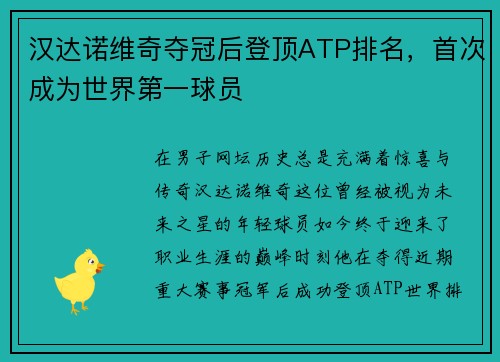 汉达诺维奇夺冠后登顶ATP排名，首次成为世界第一球员