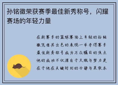 孙铭徽荣获赛季最佳新秀称号，闪耀赛场的年轻力量