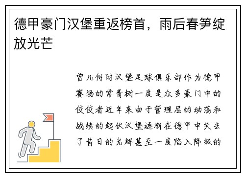 德甲豪门汉堡重返榜首，雨后春笋绽放光芒