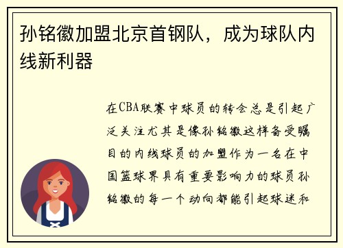 孙铭徽加盟北京首钢队，成为球队内线新利器