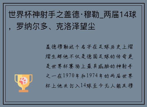 世界杯神射手之盖德·穆勒_两届14球，罗纳尔多、克洛泽望尘