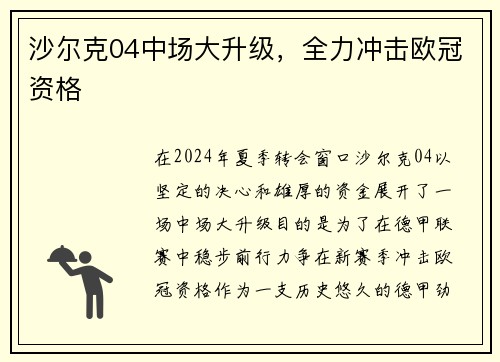 沙尔克04中场大升级，全力冲击欧冠资格
