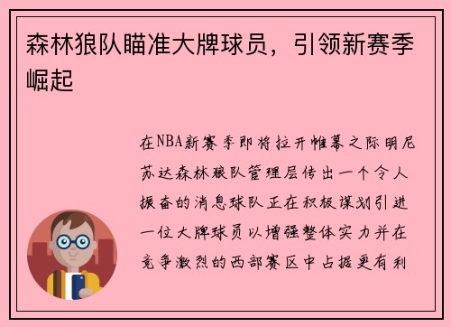 森林狼队瞄准大牌球员，引领新赛季崛起