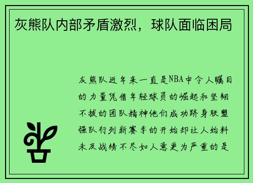 灰熊队内部矛盾激烈，球队面临困局