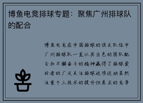 博鱼电竞排球专题：聚焦广州排球队的配合