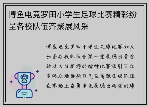 博鱼电竞罗田小学生足球比赛精彩纷呈各校队伍齐聚展风采
